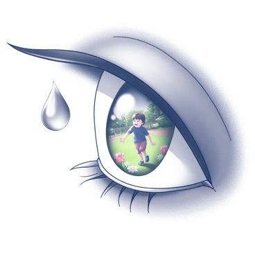 A close-up image of a single teardrop delicately suspended from the edge of an eye. The teardrop is clear and glossy, reflecting a tiny scene within it. The scene depicts a small child joyfully playing in a sunlit park, surrounded by blooming flowers and vibrant greenery. The background is softly blurred, focusing on the emotional detail within the teardrop. The overall composition conveys a poignant moment, highlighting the contrast between the tear and the joyful expression captured in the reflection.