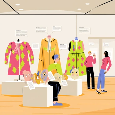 A museum exhibit displaying a variety of historical "arlequin" costumes and masks. The costumes feature vibrant patterns of diamonds in red, green, and yellow. Some costumes are embellished with intricate lace and ribbons. Various masks are placed on stands, showcasing elaborate designs with feathers and sequins. The exhibit is arranged in a well-lit gallery with wooden flooring. A few visitors are admiring the costumes and masks, while informational plaques are positioned beside each display, providing details about the history of the arlequin character.
