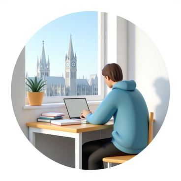 A student, wearing a blue hoodie and black jeans, is sitting at a wooden desk with an open laptop and scattered textbooks. The student has short brown hair and is focused on taking notes. Outside the window, several iconic landmarks are visible, including a tall clock tower with a spire and a large cathedral with intricate architecture. The sky is clear, allowing sunlight to illuminate the room and cast shadows on the desk. A potted plant is on the windowsill, adding a touch of greenery to the scene.