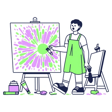 An artist stands in front of a large canvas, their expression one of surprise. The canvas is covered in vibrant splatters of paint, creating an abstract explosion of colors that radiate from the center. The artist is holding a brush in one hand, with paint drips running down their arm. Surrounding the artist, various paint tubes and brushes are scattered on the ground, adding to the chaotic atmosphere. The floor is splattered with paint droplets, echoing the explosion on the canvas. In the background, easels and more blank canvases are visible, hinting at the artist's creative workspace.