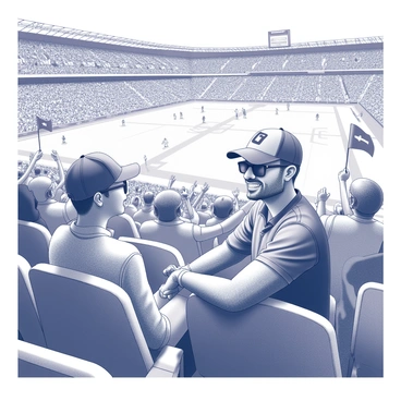 A well-known celebrity is seated in the stands of a large stadium. They are smiling and engaging with fellow fans surrounding them. The stands are filled with excited spectators, all displaying team colors and waving banners. The celebrity is dressed casually, with a cap and sunglasses, while the crowd shows a variety of expressions ranging from excitement to concentration. In the background, there is a football field with players in action, illustrating a moment of intense competition during the match.