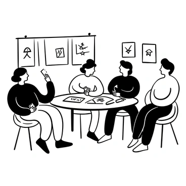 An artist sitting at a table with sketches and notes spread out in front of them. A grant committee consisting of several figures is positioned around the table, reviewing the artist's project proposal. One of the committee members is holding a notepad and pen, while another points at the sketches. A wall in the background has various artistic works displayed in frames. The atmosphere is focused as the artist listens intently to the feedback being given.