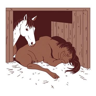 A brown runaway slave is hiding in a wooden barn, curled up in a corner, with wide awake and alert eyes. The barn has rustic wooden beams and hay scattered on the ground. Near the slave, there is a loyal white horse standing protectively, its head turned slightly to watch over the slave. Sunlight filters through the cracks in the barn, casting patterns on the ground. The atmosphere is tense, capturing the sense of vigilance and shelter.