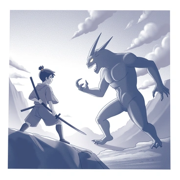 A young warrior with a determined expression holds a katana, poised for action. He stands on a rocky terrain, surrounded by jagged cliffs. Opposite him, a fierce demon looms, its menacing form towering with sharp claws and glowing eyes. The sky transitions to a dramatic sunset, casting long shadows and creating a stark contrast between the two figures. The warrior's stance is firm, ready to strike, while the demon appears ready to attack. Clouds fill the sky, adding to the intensity of the scene. The atmosphere is charged with tension as the battle unfolds.