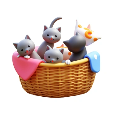A group of playful kittens with various fur patterns, including gray tabby, solid black, and white with orange spots, are tumbling in and out of a wicker laundry basket. The kittens exhibit different poses, with some peeking over the edge of the basket while others are mid-leap. The laundry basket, woven from natural materials, is slightly tilted, adding to the playful chaos. Soft, fluffy blankets are draped around the basket, enhancing the cozy scene. Sunlight streams in, casting gentle shadows and illuminating the kittens' fur.