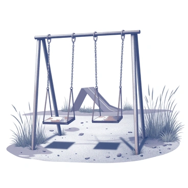 A scene depicting an abandoned playground. There are two rusty swings hanging from a weathered metal frame, their chains showing signs of corrosion. The seats of the swings are covered in patches of peeling paint. Surrounding the playground, tall grass grows wildly, with weeds scattered throughout the area. In the background, there are faded remnants of a slide, partially buried under the encroaching vegetation. The ground is uneven, dotted with small rocks and patches of dirt, enhancing the feeling of neglect in this forgotten space.