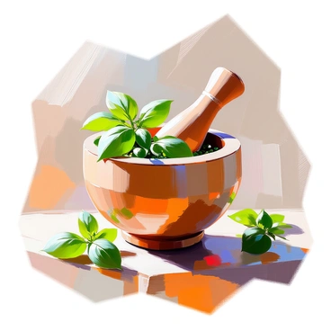 A wooden mortar filled with vibrant green fresh basil leaves is placed on a rustic wooden surface. A sturdy wooden pestle is poised above the mortar, ready to crush the basil into a fragrant paste. The basil leaves are glossy and richly textured, showcasing their fine details. Sprigs of basil are scattered around the mortar, enhancing the image with a fresh, herbal aroma. The setting is warmly lit, highlighting the natural grain of the wooden mortar and pestle.