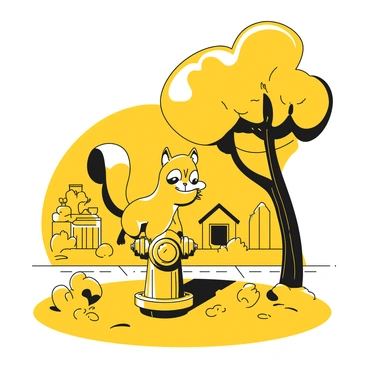 A curious squirrel with a fluffy tail is climbing up a fire hydrant. The fire hydrant is positioned on a grassy area, surrounded by a paved sidewalk. The squirrel's fur is a blend of shades, and its eyes are bright and alert. In the background, there are a few suburban houses with simple architecture and a tree with green leaves casting shadows on the ground. The scene conveys a lively exploration as the squirrel investigates its surroundings.