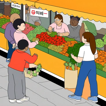 A bustling market scene filled with a diverse group of people. Several shoppers with varying skin tones are engaged in animated conversations. A man with short black hair is enthusiastically selecting fresh red peppers from a vibrant stall overflowing with fruits and vegetables. Nearby, a woman with long brown hair in a ponytail is inspecting a bunch of green herbs, while another person is reaching for a bundle of bright carrots. Stalls are adorned with colorful awnings, and customers are seen carrying reusable bags filled with fresh ingredients. The ground is paved with stone, and lively banners hang above, adding to the vibrant atmosphere of shopping for ingredients for "moo deng."