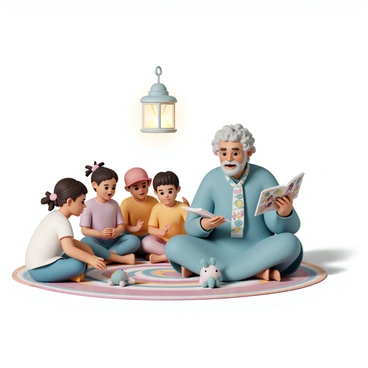 A group of five children, two boys and three girls, sitting cross-legged on a colorful woven rug. The children are intently watching a middle-aged storyteller, who has curly gray hair and is wearing a blue tunic with a patterned scarf. The storyteller is animatedly gesturing with one hand while the other holds an open book filled with illustrations. The children have expressions of wonder and excitement on their faces; one girl has pigtails tied with pink ribbons, and a boy is wearing a red cap. Nearby, a few plush toys are scattered on the rug, and there's a soft glow from a lantern hanging above, casting a warm light on the scene.