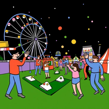 A lively cornhole game at a carnival with colorful bean bags flying through the air. In the background, there are large, illuminated ferris wheels spinning under a night sky filled with stars. Bright lights in various colors illuminate the scene, creating an exciting atmosphere. People are gathered around, cheering and laughing as players take their turns, aiming for the cornhole boards positioned on the grass. An assortment of carnival booths can be seen nearby, adding to the festive ambiance.