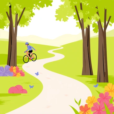 A scenic biking trail winding through a lush green park. The trail is bordered by a variety of colorful flowers in shades of red, yellow, and purple. Tall trees with thick trunks and dense foliage provide shade along the path. A biker in a bright blue helmet rides along the trail, enjoying the vibrant surroundings. The sun filters through the leaves, creating a dappled light effect on the ground. Butterflies flutter around the flowers, adding to the lively atmosphere of the park.
