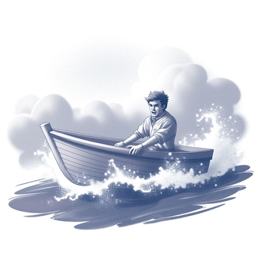 A small boat is depicted bobbing on a tumultuous sea. The waves are high and crashing against the sides, creating splashes of water. In the boat, a sailor is shown gripping the sides tightly, with a look of fear on his face. His clothes are billowing in the strong winds, and his hair is tousled. The sky is filled with dark clouds, indicating a brewing storm. The overall atmosphere conveys the intensity of the scene with the turbulent water and the sailor's expression of panic.