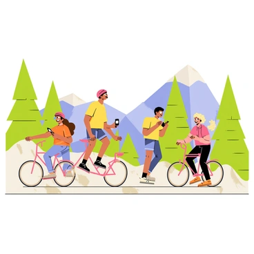 A group of friends setting off on a smart bike adventure through rugged mountain trails