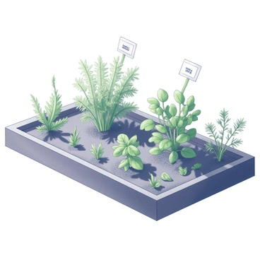 A garden dedicated to herbs arranged in neat rows. Various herb plants such as basil, parsley, and thyme are visible, each with a small label beside them. The labels display fractions, indicating the proportion of each herb type within the garden. The soil is rich and well-maintained, with a simple wooden border surrounding the garden area. Sunlight casts soft shadows, enhancing the visibility of the plant labels and highlighting the vibrant greenery of the herbs.