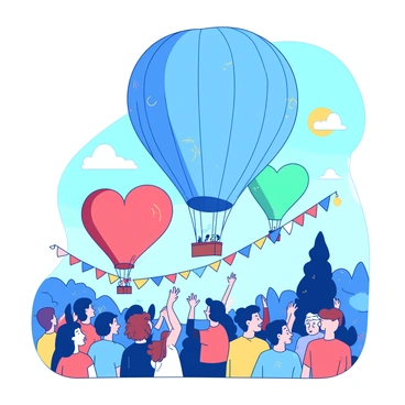 A blue hot air balloon with a large yellow pattern is ascending into a clear sky, surrounded by other balloons of various shapes and sizes. A red balloon shaped like a heart is drifting nearby, while a green balloon in the shape of a star floats higher above. Below, a crowd of people with excited expressions is gazing upward, some waving their hands. Colorful banners are strung between trees, adding to the festive atmosphere. The sun is shining brightly, illuminating the scene with vibrant colors.