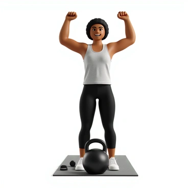 A person with medium skin tone, wearing a fitted athletic tank top and black leggings, standing with a kettlebell on the floor in front of them. Their arms are raised in victory, showcasing a broad smile and bright eyes filled with joy. The background features a gym setting with weights and exercise mats. The person's posture is strong and confident, illustrating the accomplishment of completing their first successful kettlebell deadlift.
