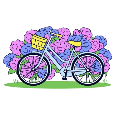 A vintage bicycle parked beside a blooming hydrangea hedge on a sunny day.