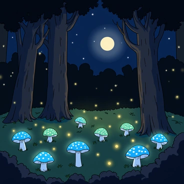 A dark forest scene illuminated by a soft glow. The ground is covered with a variety of vibrant mushrooms, each emitting a gentle luminescent light in shades of blue and green. Small clusters of mushrooms create a magical atmosphere, with their caps reflecting the moonlight. Scattered throughout the scene are numerous tiny fireflies, their flickering lights dancing in the air, creating trails of soft golden light. Tall trees with twisted branches rise overhead, their silhouettes framing the enchanting view of the forest floor. Faint shadows cast by the moon create a sense of depth and mystery in this captivating night scene.