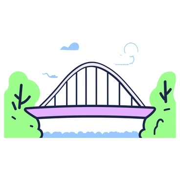 A sleek bridge spans across a body of water. The bridge features a design that follows a quadratic curve, giving it a smooth and elegant shape. Its structure is composed of metallic supports that rise gracefully, curving upwards before descending. The surface of the bridge is flat and wide, allowing for vehicle and pedestrian traffic. On either side of the bridge, there are green trees and shrubs lining the banks of the water, providing a contrast to the modern architecture. The sky above is clear, emphasizing the bridge's streamlined design.