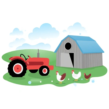 A bright red tractor is parked beside a poultry barn made of weathered wood, with a pitched roof. The barn has a rustic appearance and features a large door slightly ajar. Nearby, several chickens are roaming freely on the grass, their feathers a mix of white and brown. The scene includes a clear blue sky with soft, fluffy clouds floating above. Green fields stretch in the background, enhancing the rural atmosphere.
