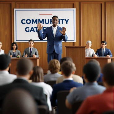 A charismatic leader with short, neatly combed black hair and wearing a blue suit with a white shirt stands confidently at a podium. He has an expressive face and is gesturing with one hand raised passionately while the other rests on the podium. The setting is a town hall meeting room with wooden paneling and a banner in the background that reads "Community Gathering." In the audience, diverse community members of various ages look engaged and inspired, some nodding in agreement and others taking notes. The room is filled with bright lighting that highlights the leader’s enthusiasm.