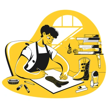 An artist sits at a table, focused on sketching a new custom design for motorcycle boots on a drawing pad. The artist is wearing a black apron and has short, dark hair. Several design tools, including pencils and an eraser, are scattered around the table. The drawing pad displays an intricate boot design with various details, such as buckles and stitching patterns. In the background, there are stacks of design books and reference images of motorcycles. A large window lets in natural light, highlighting the workspace.