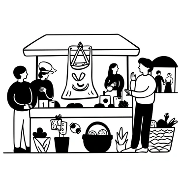 A yoga bag hanging from a vendor's stall, with intricate patterns visible on its surface. Surrounding the stall are various colorful items for sale, including handmade crafts and fresh produce. People are gathered around, engaged in conversation and examining the goods. The vendor stands behind the stall, showcasing other products, while a woven basket filled with fruits rests nearby. A few market stalls can be seen in the background, adding to the lively atmosphere.