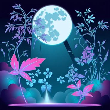 A vibrant jungle scene filled with exotic plants featuring intricate leaves and unique shapes. The plants emit a luminous glow in various neon colors such as bright pinks, greens, and blues. The moon hangs high in a clear night sky, casting silvery light that contrasts with the vivid colors of the flora. Shadows dance among the foliage, creating a dynamic interplay of light and dark throughout the scene. A mist gently rises from the ground, adding an ethereal quality to the jungle atmosphere.