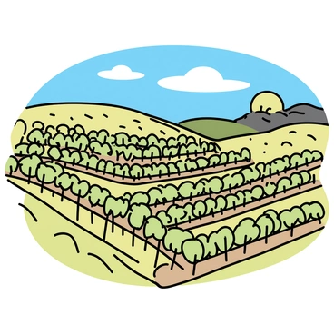 Aerial view of orderly vineyard rows with neatly trimmed grapevines, stretching across gentle green hills. The rows create a geometric pattern that leads the eye across the landscape. The sunlight casts soft shadows on the ground, highlighting the rich textures of the leaves and soil. The sky is clear with a few wispy clouds, and the warm afternoon sun enhances the vibrant colors of the vineyard.