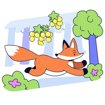 A fox with a fluffy orange coat and a white-tipped tail is depicted running swiftly through a vibrant green forest. Its ears are perked up in excitement as it chases after magical golden grapes that float just ahead. The grapes have a brilliant golden hue, sparkling as they catch the sunlight filtering through the leaves. The background features tall trees with lush foliage, creating a sense of depth in the scene. A few small flowers can be seen scattered on the forest floor, adding splashes of color to the earthy tones.