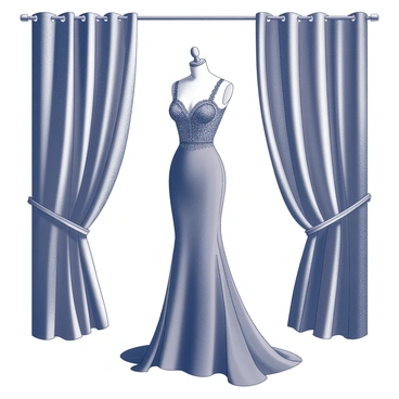 A mannequin displaying a "striking evening gown" that drapes elegantly to the floor. The gown features intricate detailing and a fitted bodice that accentuates the silhouette. The backdrop consists of "dramatic velvet curtains" that create a sense of depth and richness behind the mannequin. The curtains have soft folds and a luxurious texture, framing the gown and drawing attention to its design. The scene conveys a sense of sophistication and elegance, highlighting the gown as the focal point.