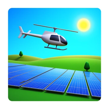 An R66 helicopter in a bright blue sky, hovering above a vast solar farm. The solar panels are arranged in neat rows covering the ground, reflecting sunlight with a shiny surface. The landscape around the solar farm features green fields and a few scattered trees. The helicopter has a sleek design with a polished finish, and its rotors are in motion, creating a dynamic scene. The sun is positioned high in the sky, indicating a clear, sunny day.