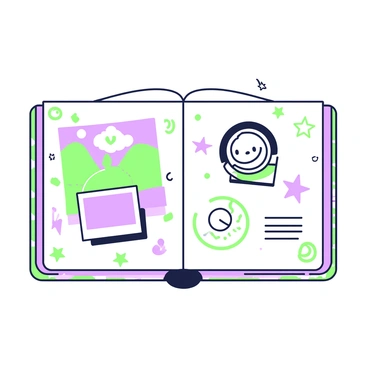 A scrapbook page is spread open on a flat surface, featuring various clippings and doodles. There are several cut-out images arranged in a lively collage. On the left, a rectangular clipping shows a vibrant landscape with hills and trees. To the right of this, a circular cut-out displays a smiling sun surrounded by stylized clouds. Scattered across the page are green doodles of abstract shapes and lines, creating a playful contrast with the clippings. In the center, a freehand drawing of a whimsical character with exaggerated facial features is prominently placed. Small green and purple stars are dotting the corners of the page, adding extra visual interest. A border of swirling lines in green frames the entire composition.