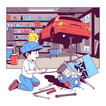 A young child wearing a blue cap is kneeling next to a small engine in a busy roadside garage. The engine, covered in grease, is propped up on a workbench. Various tools, including wrenches and screwdrivers, are scattered around the child. In the background, a red car is lifted on a hydraulic jack, and an adult mechanic in a yellow shirt is inspecting it. The garage is filled with shelves of car parts and oil containers, reflecting the cluttered and active environment.