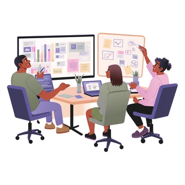 A digital flat illustration depicting a vibrant office environment where a diverse digital marketing team is collaborating. In the center, a man with dark skin and curly hair is seated at a desk, focused on his laptop screen displaying social media icons like "Facebook," "Twitter," and "Instagram." Next to him, a woman with light skin and straight brown hair is gesturing towards a large screen on the wall showing colorful analytics graphs and statistics. A second woman with medium skin and curly hair is busy writing on a whiteboard, which is filled with brainstorming ideas and sketches of various social media campaigns. The background features shelves with digital marketing books and plants. There are colorful post-it notes scattered across the desks, creating a lively atmosphere.