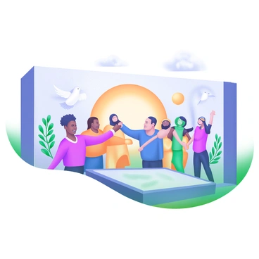 A large city wall features a vibrant mural showcasing a diverse group of people holding hands, symbolizing "Unity" and "Peace." The individuals represent various cultures and backgrounds, with bright clothing and joyful expressions. Surrounding them are symbols of peace, including doves and olive branches, painted in soft pastel colors. The background of the mural fades into a sunny sky with fluffy clouds, enhancing the theme of harmony.