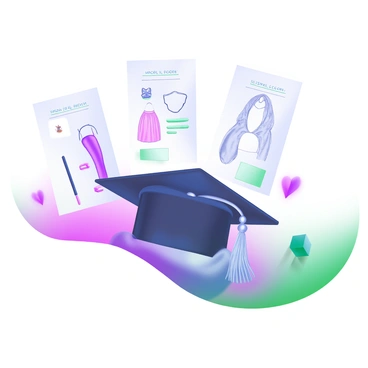 A modern pastel illustration depicting a "graduation cap" at the center of the image. The cap is black with a shiny tassel hanging from one side. Surrounding the cap are various "fashion sketches" fluttering upward, showcasing elegant clothing designs, accessories, and patterns. The sketches are in soft pastel colors, capturing the essence of fashion creativity. The background features gentle swirls of pastel tones, enhancing the celebratory atmosphere of the scene.