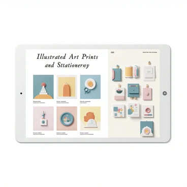 A digital shop page featuring a clean layout showcasing various illustrated art prints and stationery items. The top of the page displays a large banner with the text "Illustrated Art Prints and Stationery" in an elegant font. Below the banner, there are neatly arranged sections displaying colorful art prints, each surrounded by a thin border. Each print includes a small description tag beneath it, detailing the title and artist. To the right, a selection of stationery items such as notebooks, greeting cards, and art supplies is displayed. Each stationery item features unique illustrations. The background is a light, neutral color to enhance visibility and focus on the products.