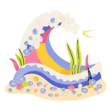 An intricate art piece constructed from various collected microplastics, showcasing a vibrant array of colors including blues, pinks, yellows, and greens. The microplastics are arranged to form a large wave, with smaller pieces creating the crest and larger pieces forming the body of the wave. Tiny details such as seashells made of microplastics are scattered throughout the scene, adding texture and depth. The base of the piece features a sandy-like surface made from tiny plastic particles, enhancing the oceanic theme of the artwork. Bright light reflects off the smooth surfaces of the microplastics, creating a shimmering effect.
