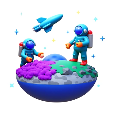 T-cells designed as astronauts, wearing space suits, with helmets and oxygen tanks. They are exploring vibrant new planets with various colorful landscapes. One T-cell is collecting samples from a planet covered in purple vegetation, while another is examining a rocky surface with shimmering mineral deposits. The spacecraft can be seen hovering above in the background, with stars and galaxies in the distant space surrounding them.