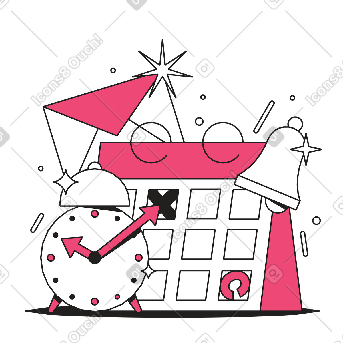 Calendar with clock and alarm bells, Time management tools reminders animated illustration in Dazzle Line style download in GIF, Lottie (JSON), AE
