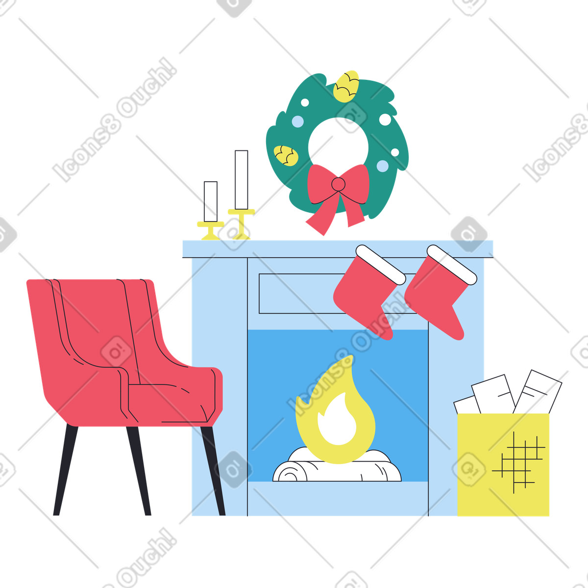Cozy fireplace with stockings and wreath, Winter holiday interior illustration in Boba style download in PNG, SVG