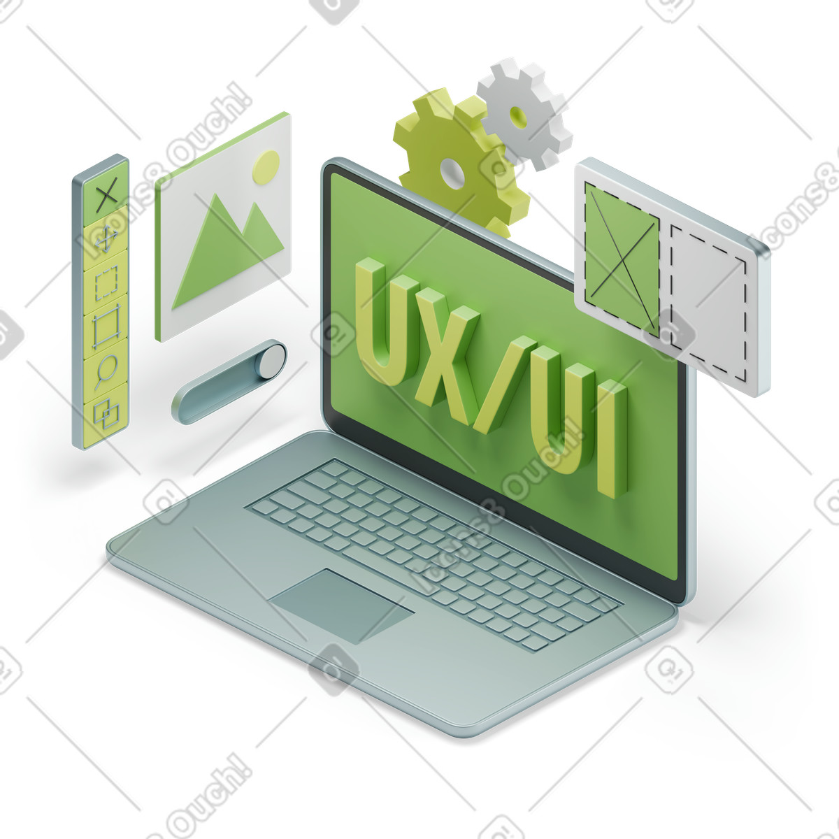 Lettering ux/ui on screen with web design application text illustration in PNG, SVG