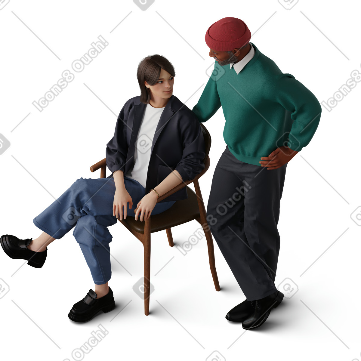 Isometric view of man leaning on chair and talking to young woman illustrazione in stile 3D Hygge scarica in PNG, SVG