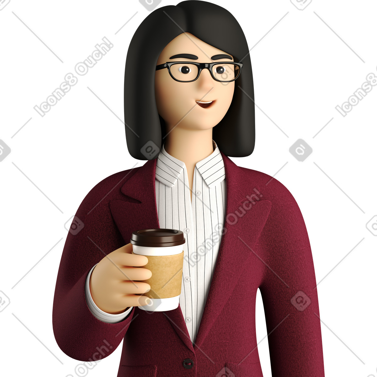 3D Business 스타일의 Businesswoman in red suit with paper coffee cup 일러스트레이션 PNG, SVG 다운로드