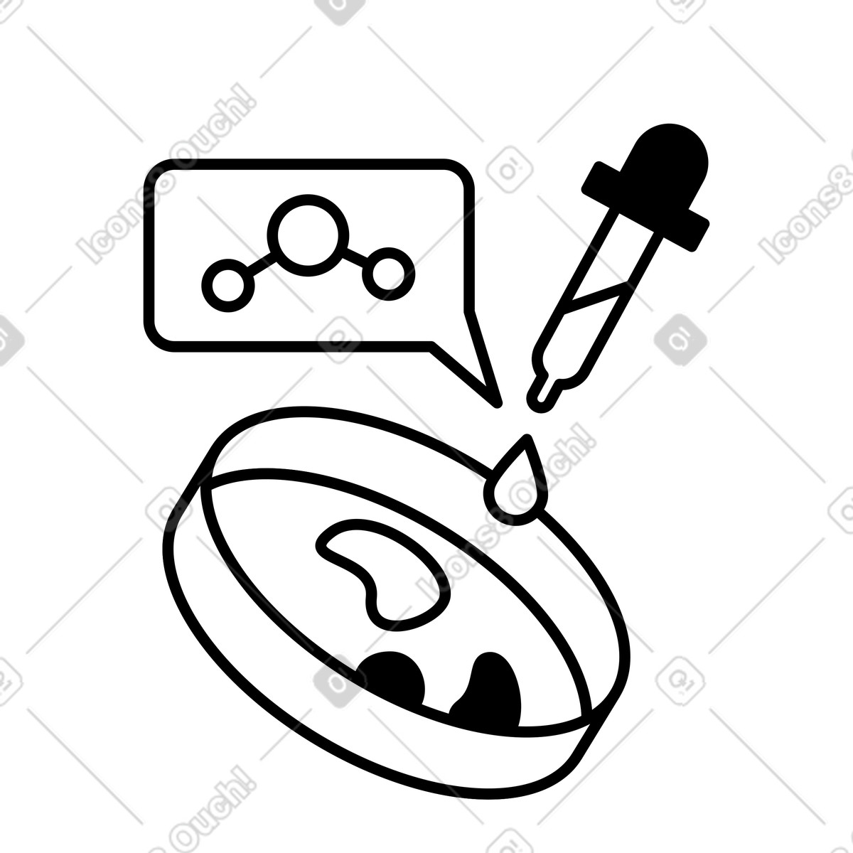 Notion Line Art スタイルの Biology research petri dish experiment with pipette and molecule icon のイラストをPNG、SVG形式でダウンロード
