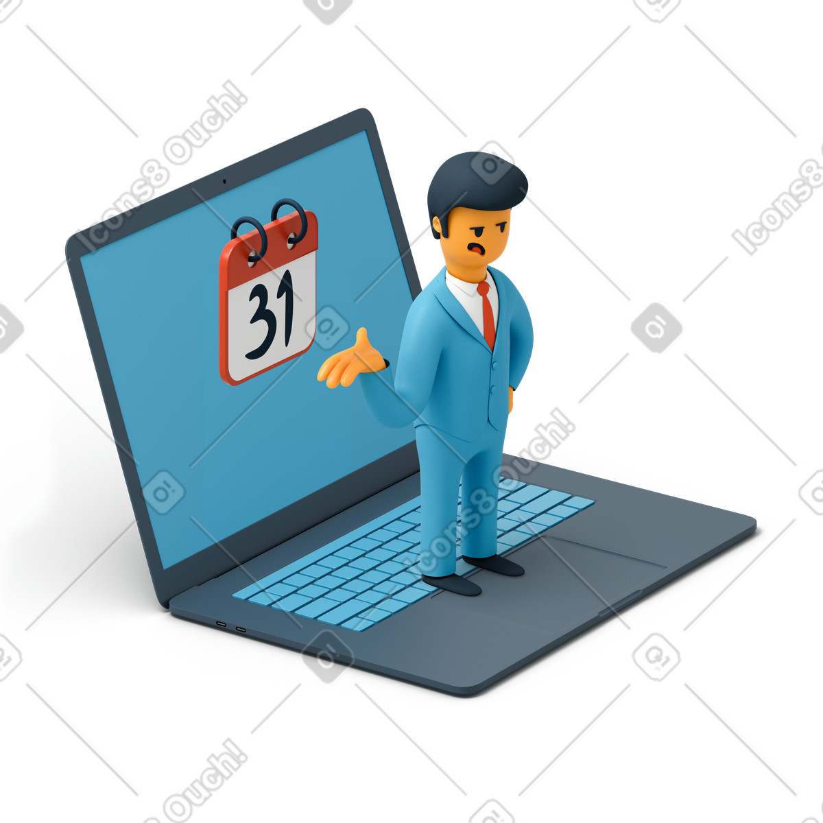 3D Flame 스타일의 노트북에 서서 마감 알림을 보여주는 정장을 입은 남자 일러스트레이션 PNG, SVG 다운로드