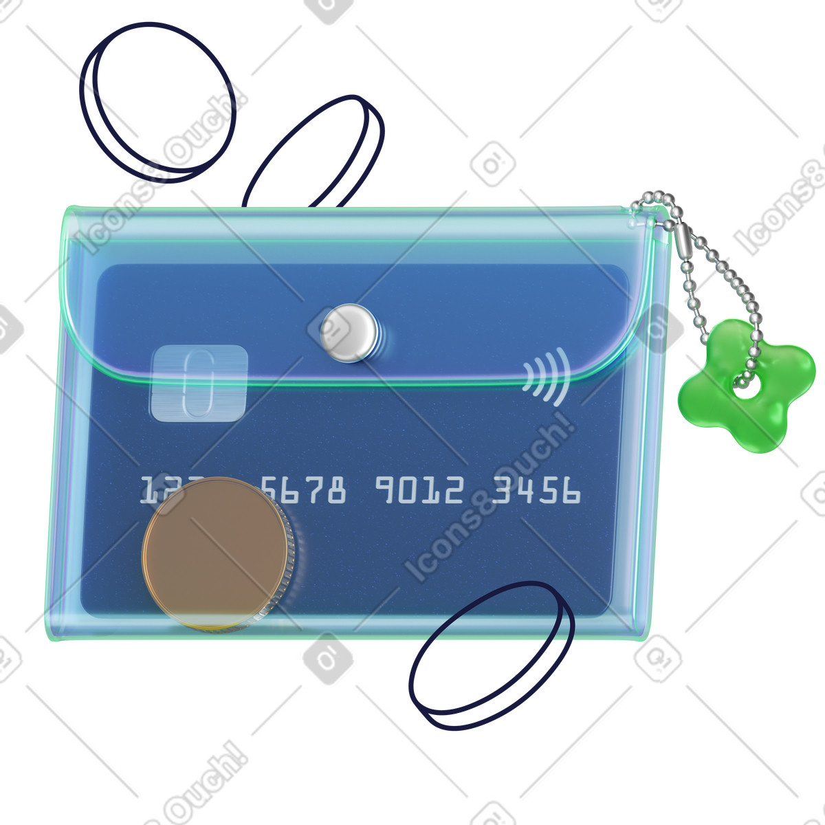 下载 3D Surfaced 风格的 Bank card in transparent cardholder with trinket, personal finance and money management 插画，支持 PNG、SVG 格式