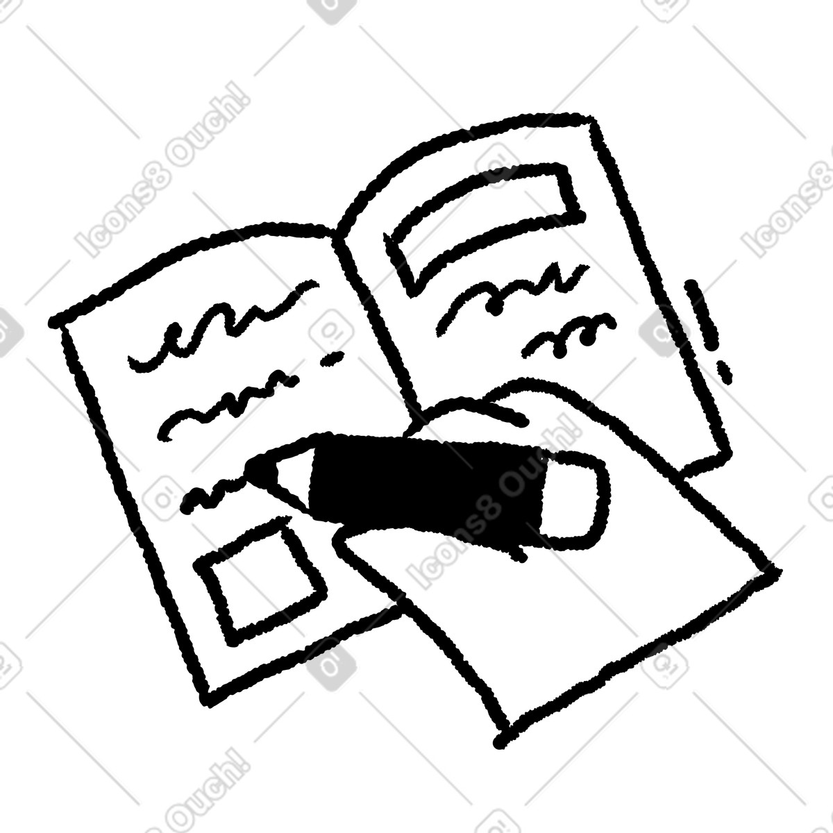 Illustration Notebook handwriting with pencil and open pages filled text dans le style Black Chalk à télécharger aux formats PNG, SVG
